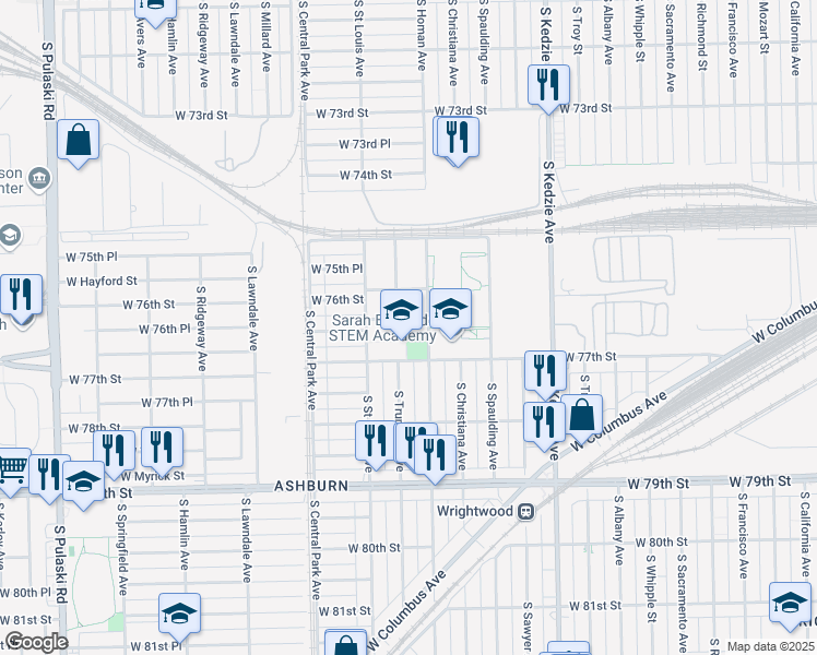 map of restaurants, bars, coffee shops, grocery stores, and more near 3417 West 76th Place in Chicago
