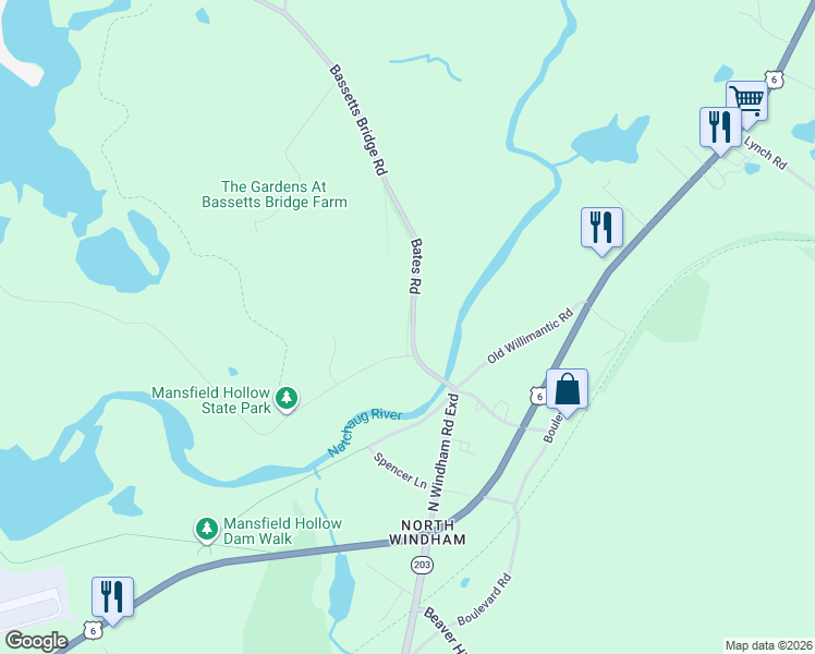 map of restaurants, bars, coffee shops, grocery stores, and more near 7 Bates Road in Chaplin