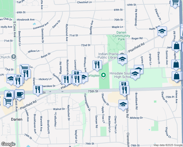 map of restaurants, bars, coffee shops, grocery stores, and more near 7413 Brookdale Drive in Darien