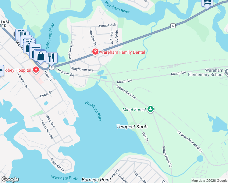 map of restaurants, bars, coffee shops, grocery stores, and more near 8 Oak Street in Wareham
