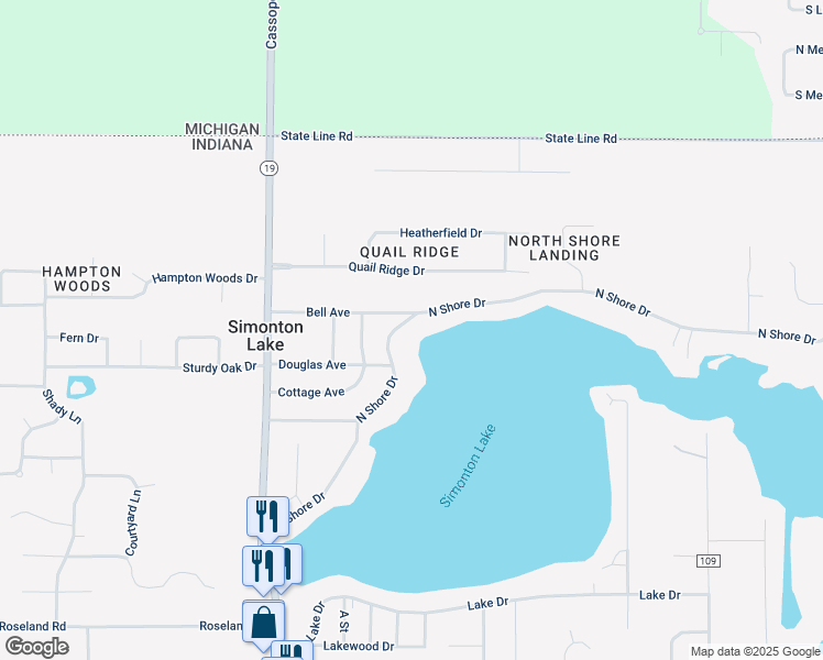 map of restaurants, bars, coffee shops, grocery stores, and more near 50892 North Shore Drive in Elkhart