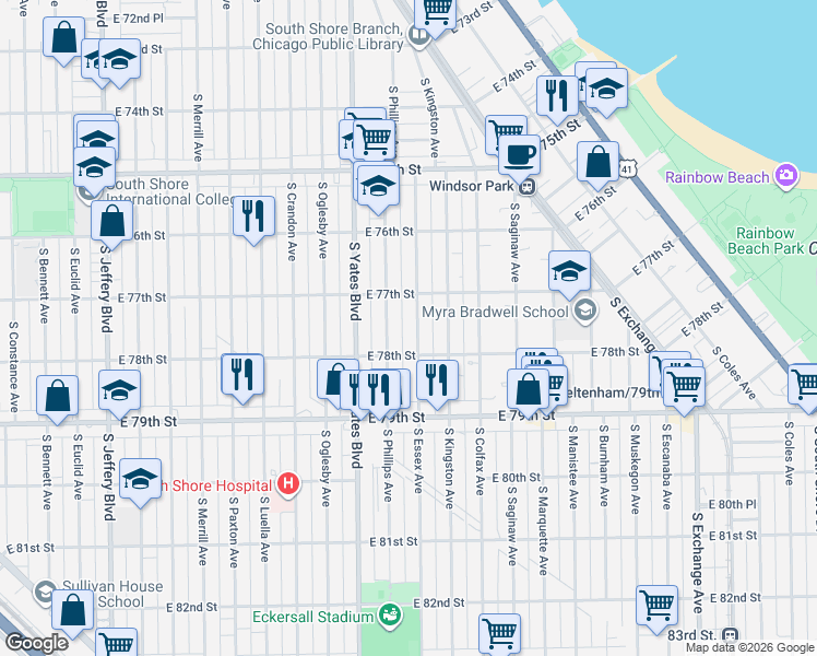 map of restaurants, bars, coffee shops, grocery stores, and more near 7748 South Essex Avenue in Chicago