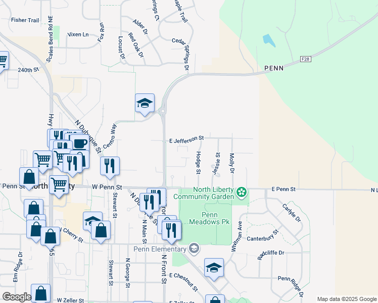 map of restaurants, bars, coffee shops, grocery stores, and more near 130 Jefferson Lane in North Liberty