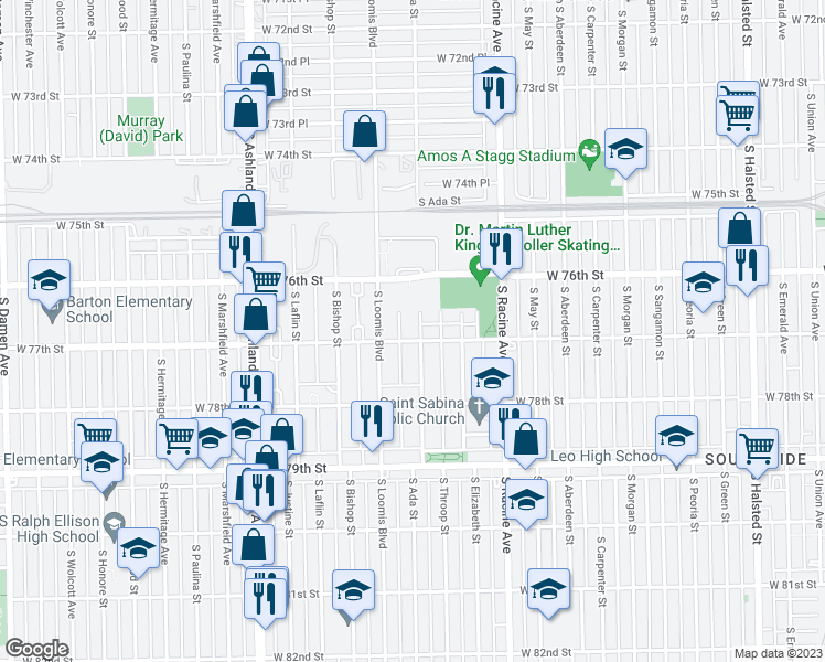 map of restaurants, bars, coffee shops, grocery stores, and more near 7652 South Ada Street in Chicago