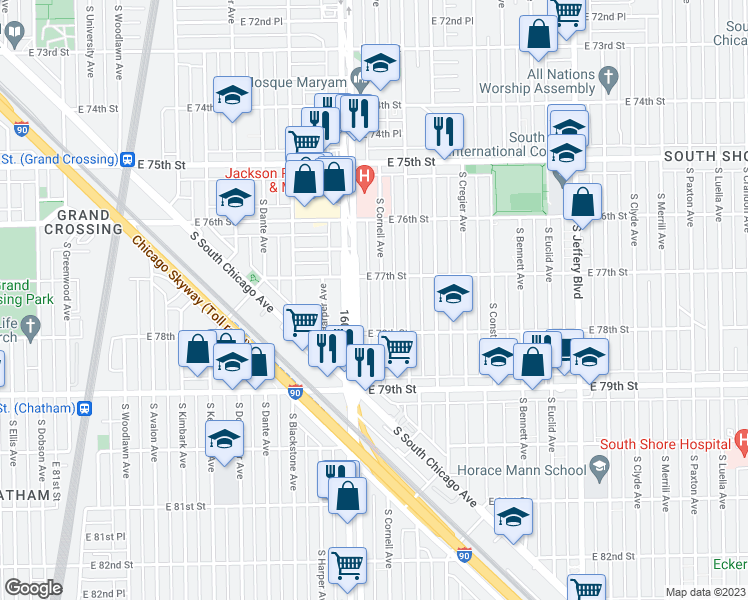 map of restaurants, bars, coffee shops, grocery stores, and more near 7722 South Cornell Avenue in Chicago