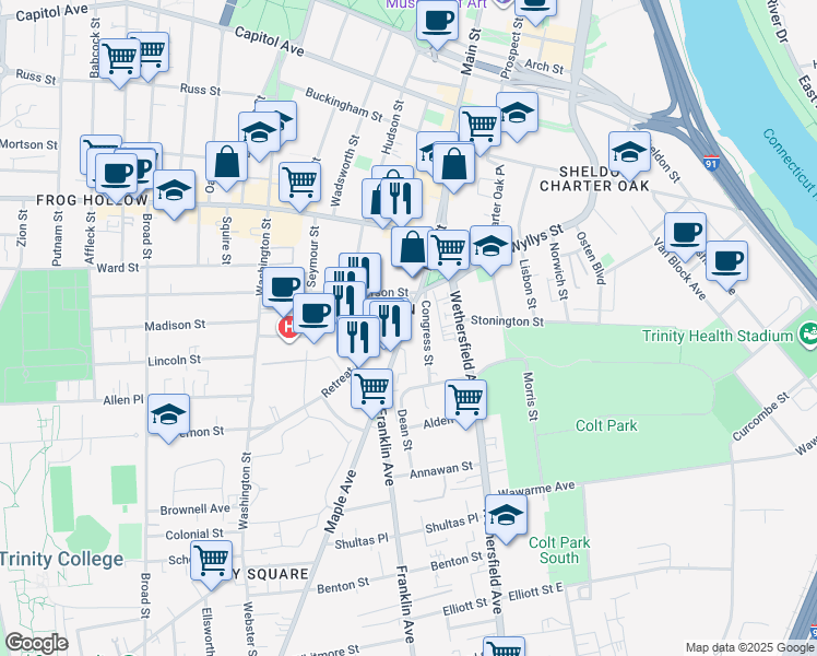 map of restaurants, bars, coffee shops, grocery stores, and more near 58 Maple Avenue in Hartford