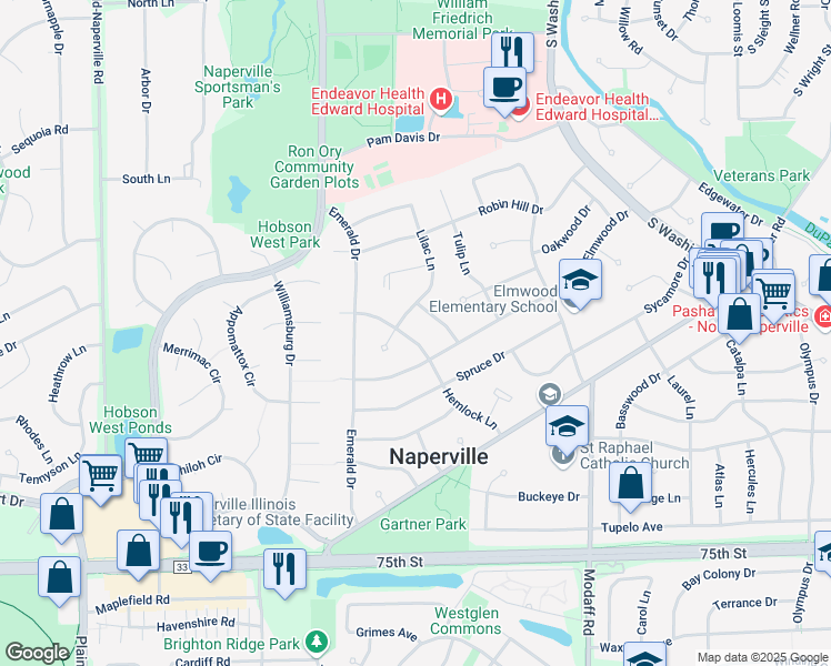 map of restaurants, bars, coffee shops, grocery stores, and more near 321 Hemlock Lane in Naperville