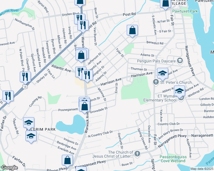 map of restaurants, bars, coffee shops, grocery stores, and more near 53 Beechcrest Street in Warwick