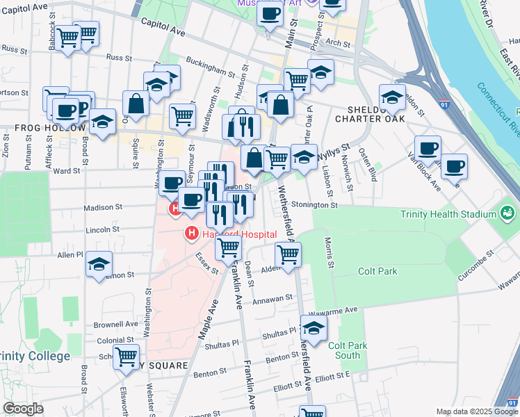 map of restaurants, bars, coffee shops, grocery stores, and more near 27 Congress Street in Hartford