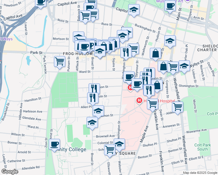 map of restaurants, bars, coffee shops, grocery stores, and more near 10 Lincoln Street in Hartford