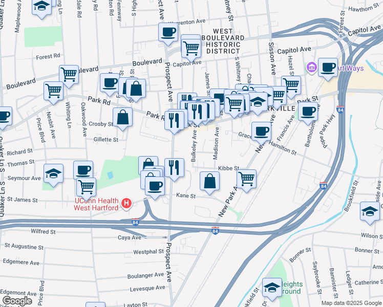 map of restaurants, bars, coffee shops, grocery stores, and more near 266 Prospect Avenue in Hartford