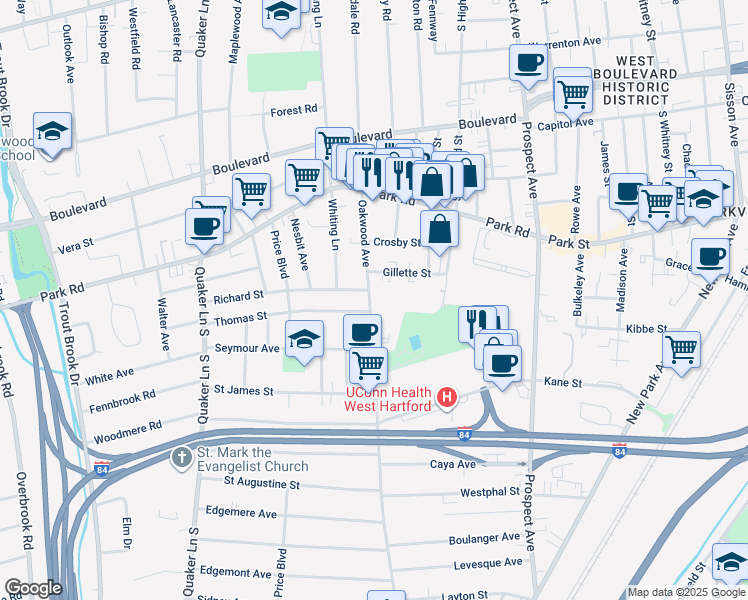 map of restaurants, bars, coffee shops, grocery stores, and more near 100 Oakwood Avenue in West Hartford