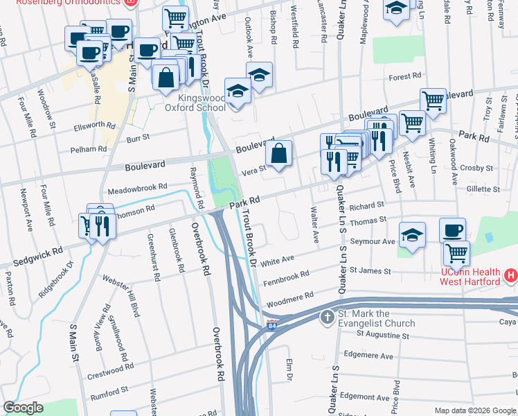 map of restaurants, bars, coffee shops, grocery stores, and more near 708 Trout Brook Drive in West Hartford