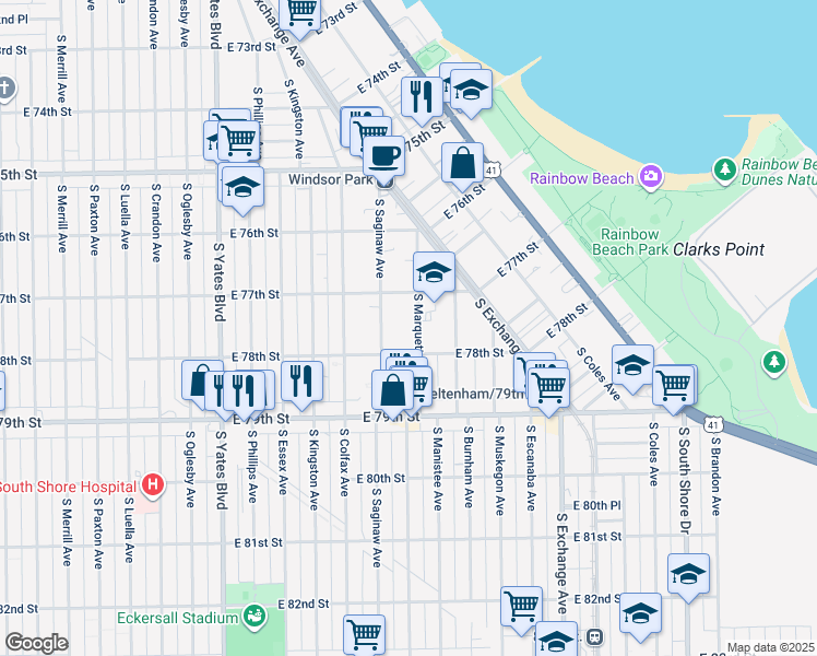 map of restaurants, bars, coffee shops, grocery stores, and more near 7751 South Saginaw Avenue in Chicago