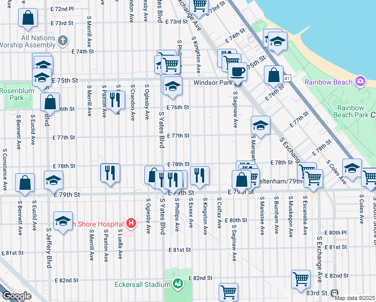 map of restaurants, bars, coffee shops, grocery stores, and more near 7748 South Essex Avenue in Chicago