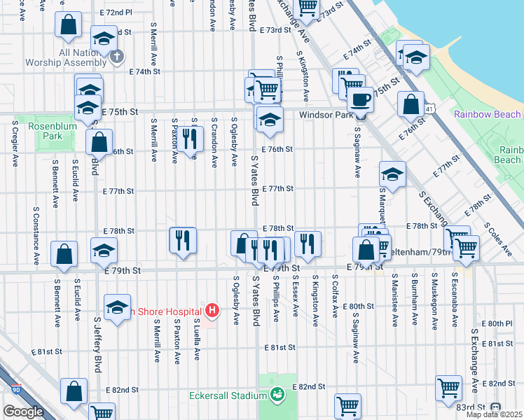 map of restaurants, bars, coffee shops, grocery stores, and more near 7742 South Phillips Avenue in Chicago
