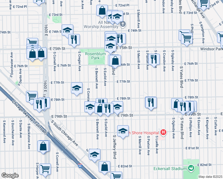 map of restaurants, bars, coffee shops, grocery stores, and more near 7738 South Jeffery Boulevard in Chicago