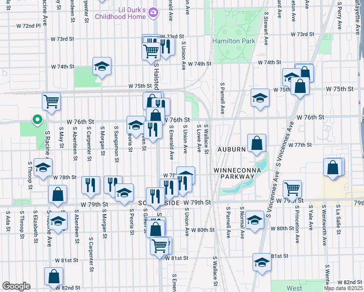map of restaurants, bars, coffee shops, grocery stores, and more near 7704 South Union Avenue in Chicago