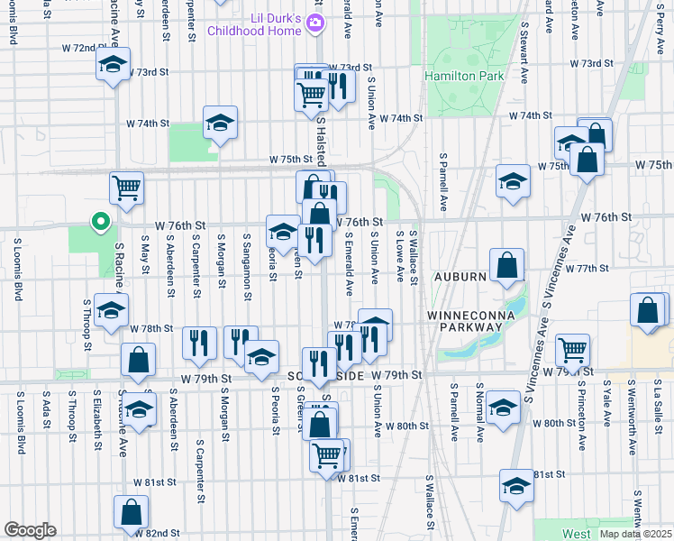 map of restaurants, bars, coffee shops, grocery stores, and more near 7704 South Emerald Avenue in Chicago