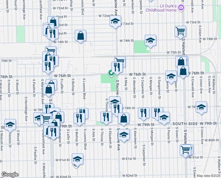 map of restaurants, bars, coffee shops, grocery stores, and more near 7700 South Throop Street in Chicago