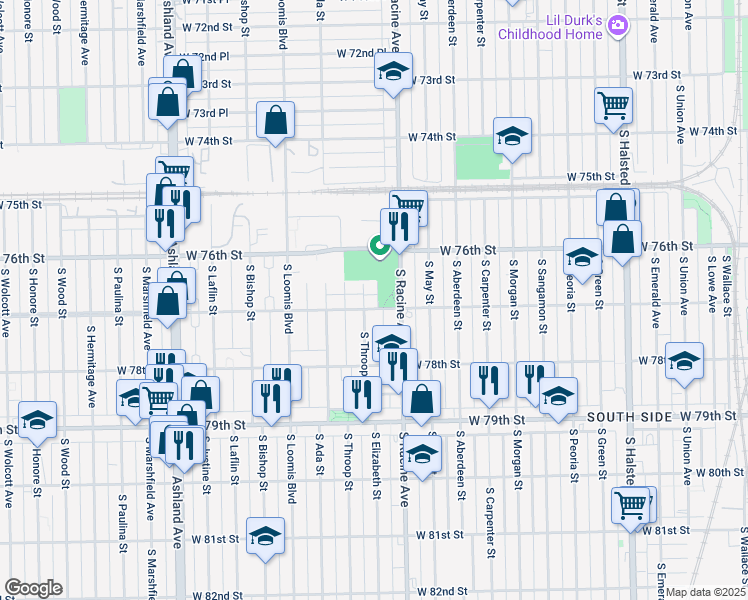 map of restaurants, bars, coffee shops, grocery stores, and more near 7700 South Throop Street in Chicago