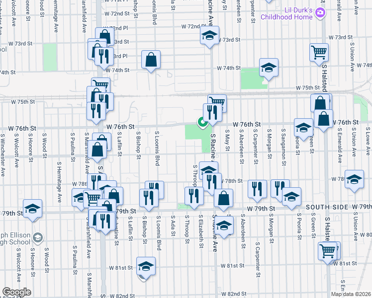 map of restaurants, bars, coffee shops, grocery stores, and more near 7700 South Throop Street in Chicago