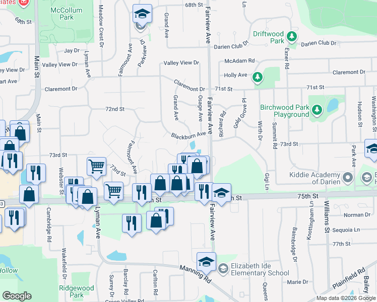 map of restaurants, bars, coffee shops, grocery stores, and more near 7363 73rd Street in Downers Grove