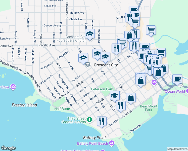 map of restaurants, bars, coffee shops, grocery stores, and more near 485 9th Street in Crescent City