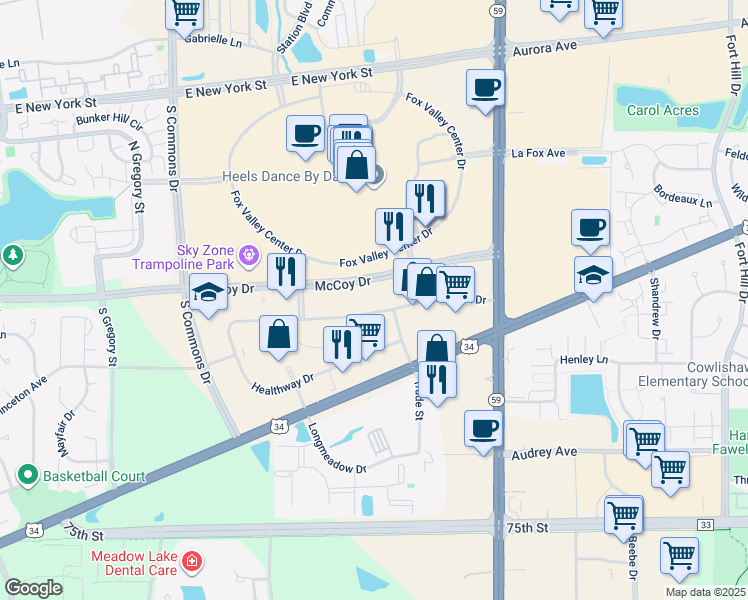 map of restaurants, bars, coffee shops, grocery stores, and more near 4240 Westbrook Drive in Aurora