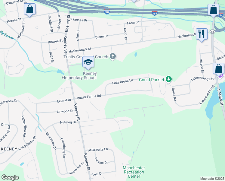 map of restaurants, bars, coffee shops, grocery stores, and more near 121 Walek Farms Road in Manchester