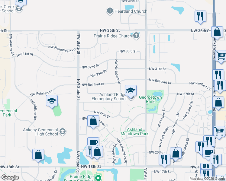 map of restaurants, bars, coffee shops, grocery stores, and more near 1203 Northwest 27th Street in Ankeny
