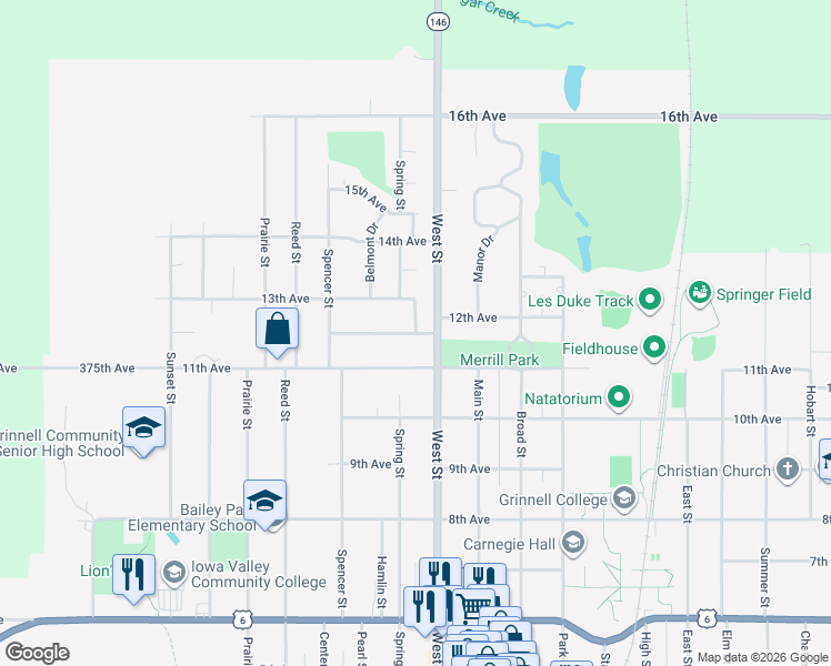 map of restaurants, bars, coffee shops, grocery stores, and more near 1700 Spring Street in Grinnell