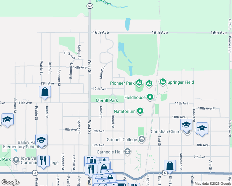 map of restaurants, bars, coffee shops, grocery stores, and more near 1515 Broad St in Grinnell
