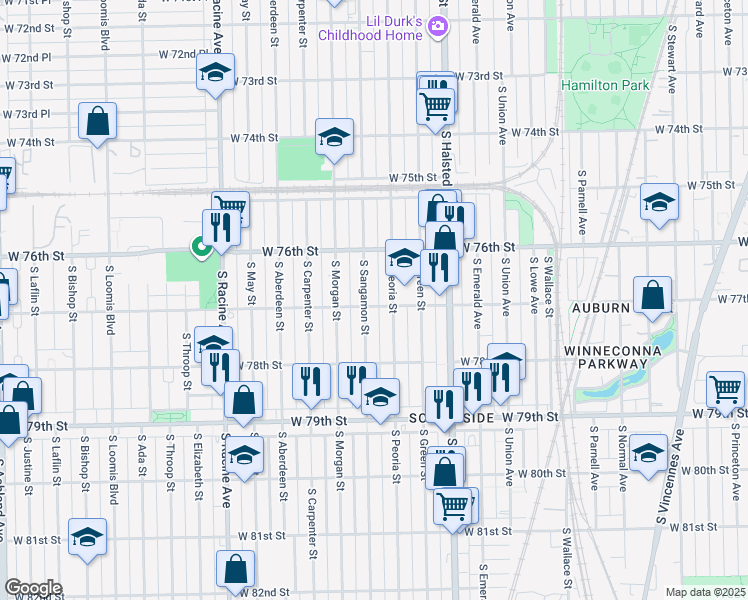 map of restaurants, bars, coffee shops, grocery stores, and more near 7704 South Sangamon Street in Chicago