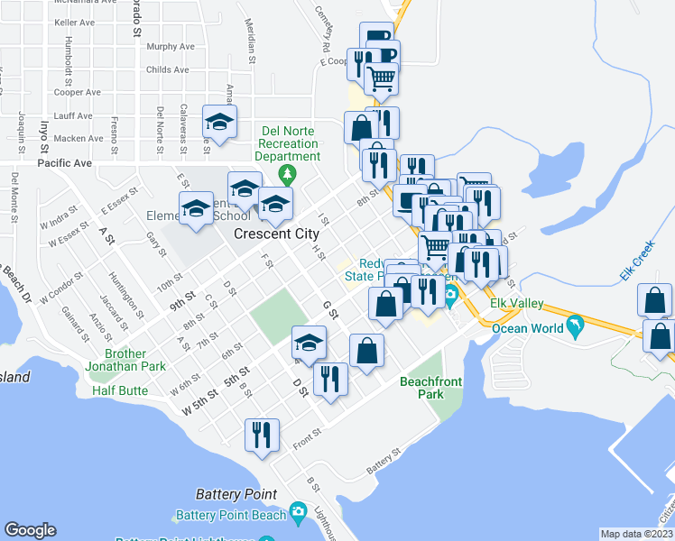 map of restaurants, bars, coffee shops, grocery stores, and more near 820 6th Street in Crescent City