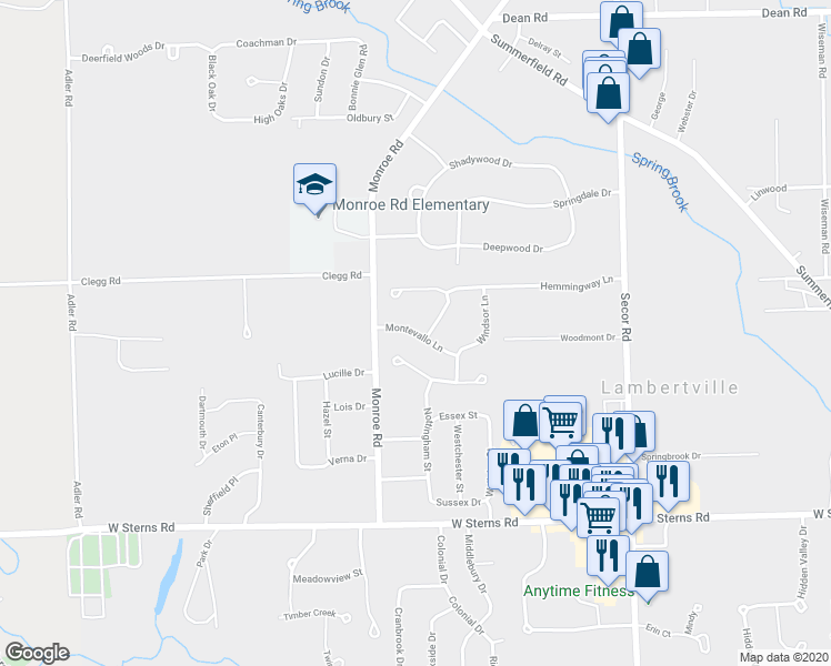 map of restaurants, bars, coffee shops, grocery stores, and more near 3717 Montevallo Lane in Lambertville