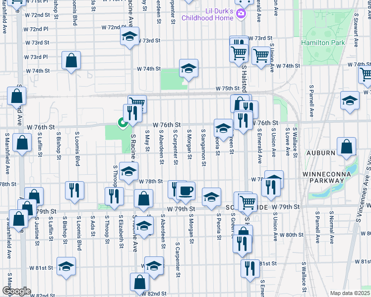 map of restaurants, bars, coffee shops, grocery stores, and more near 7650 South Morgan Street in Chicago