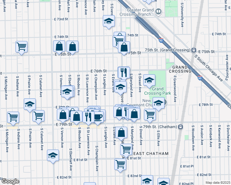 map of restaurants, bars, coffee shops, grocery stores, and more near 7711 South Evans Avenue in Chicago