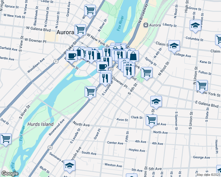 map of restaurants, bars, coffee shops, grocery stores, and more near 110 South Lasalle Street in Aurora