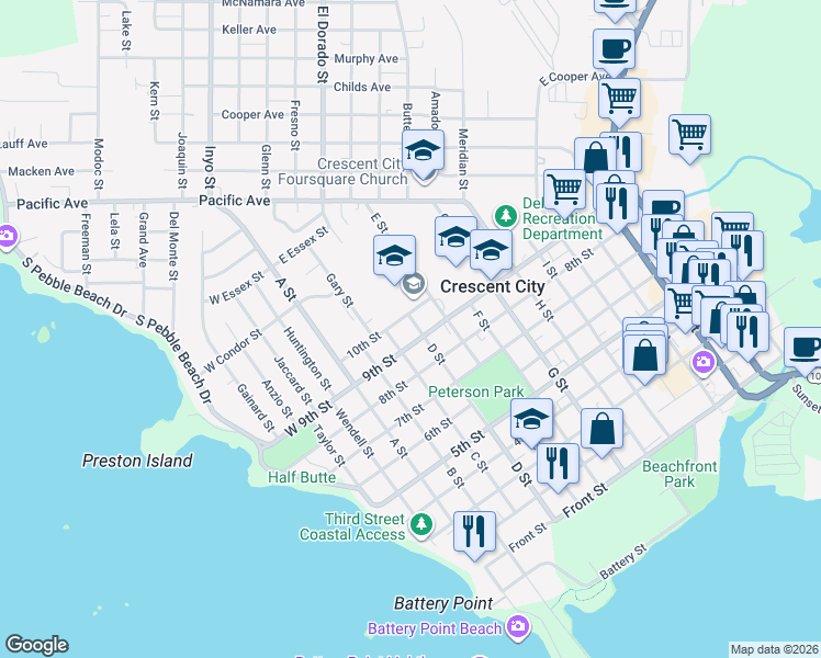 map of restaurants, bars, coffee shops, grocery stores, and more near 370 9th Street in Crescent City