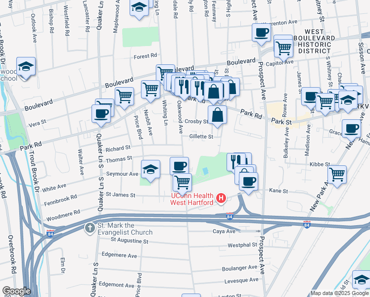 map of restaurants, bars, coffee shops, grocery stores, and more near 100 Oakwood Avenue in West Hartford