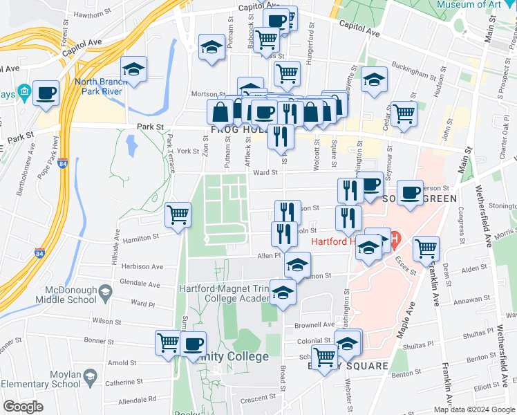 map of restaurants, bars, coffee shops, grocery stores, and more near 155 Madison Street in Hartford