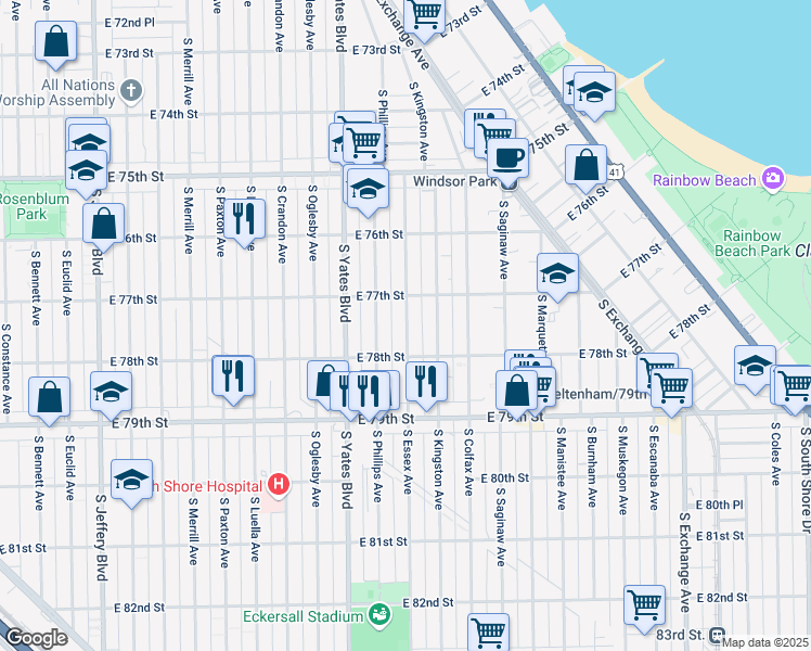map of restaurants, bars, coffee shops, grocery stores, and more near 7748 South Essex Avenue in Chicago