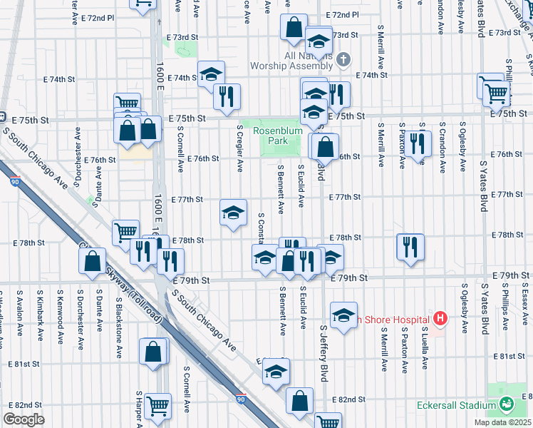 map of restaurants, bars, coffee shops, grocery stores, and more near 7742 South Bennett Avenue in Chicago
