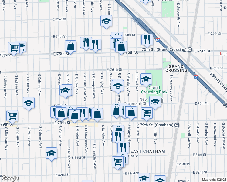 map of restaurants, bars, coffee shops, grocery stores, and more near 7729 South Evans Avenue in Chicago