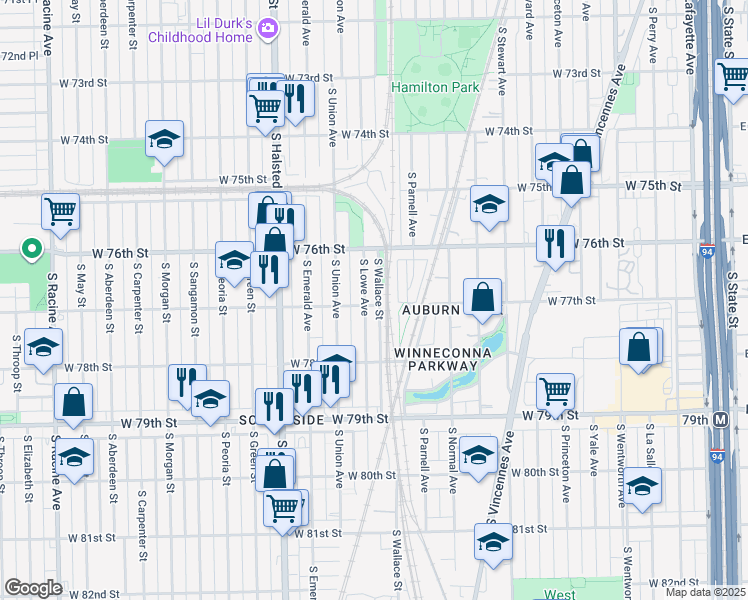 map of restaurants, bars, coffee shops, grocery stores, and more near 7706 South Lowe Avenue in Chicago