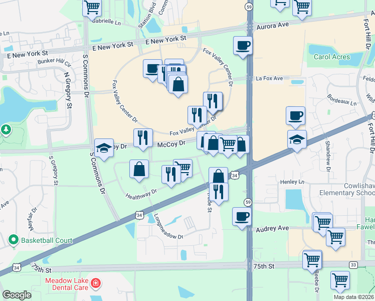 map of restaurants, bars, coffee shops, grocery stores, and more near 4240 Westbrook Drive in Aurora