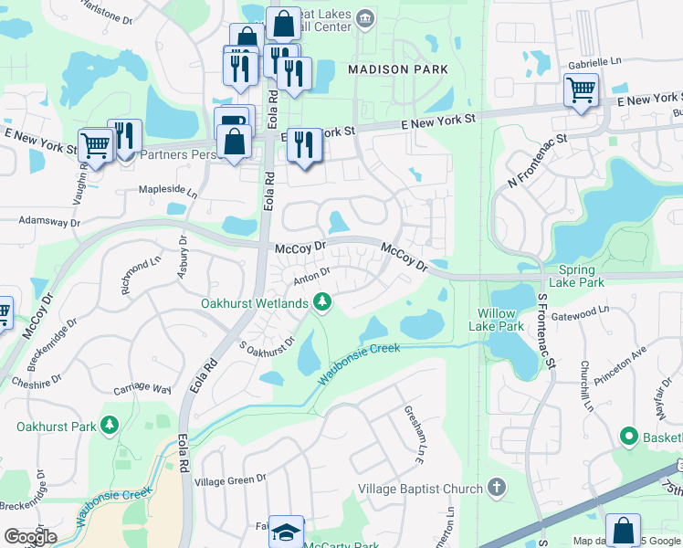 map of restaurants, bars, coffee shops, grocery stores, and more near 1 South Oakhurst Drive in Aurora