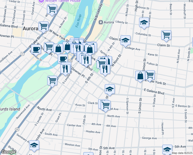 map of restaurants, bars, coffee shops, grocery stores, and more near 422 East Downer Place in Aurora