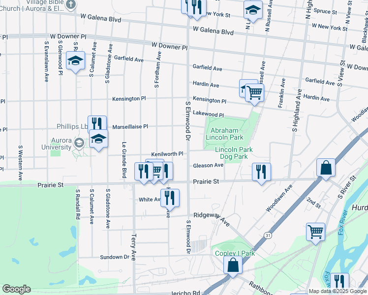 map of restaurants, bars, coffee shops, grocery stores, and more near 406 South Elmwood Drive in Aurora